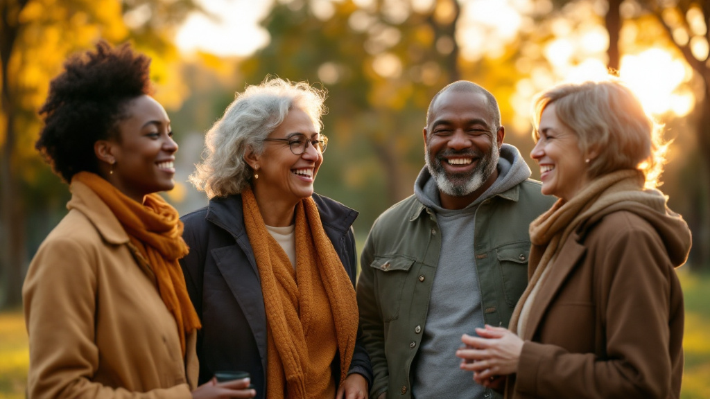 A diverse group of friends talking warmly together outdoors at golden hour