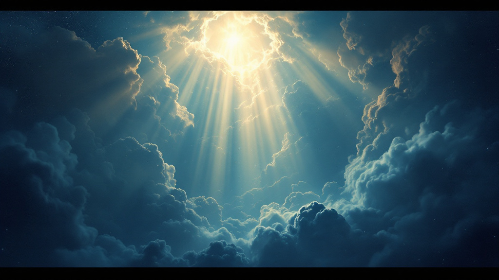 Radiant golden light bursting through vast clouds in a deep blue sky
