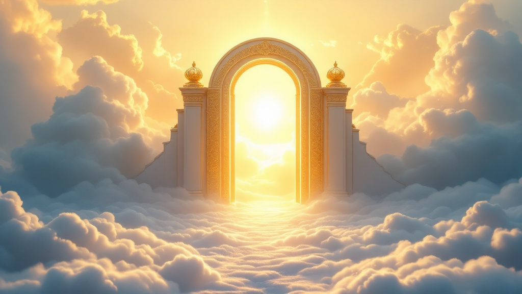 A pearl and gold gate standing open on the clouds, with warm light pouring through it and a glowing path leading up to it