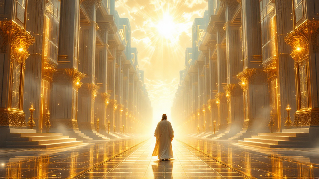 The heavenly city glowing with pure white and gold light and no sun or moon in the sky. At the end of a shining street of transparent gold, a majestic robed figure representing Yeshua stands surrounded by radiant glory, and that light fills towering buildings of white marble, crystal and gold and the luminous clouds above