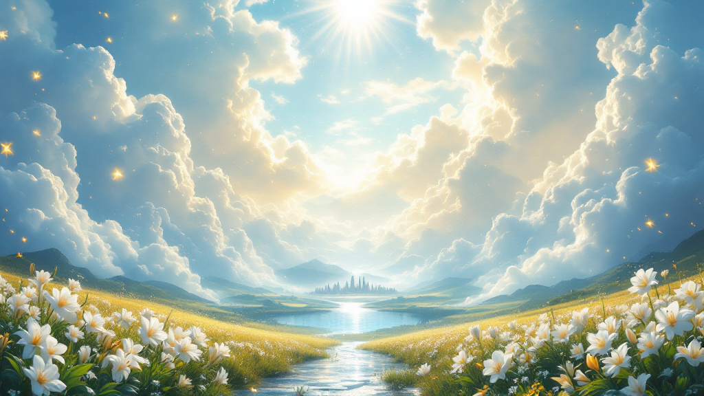 A radiant, peaceful vista of Heaven: brilliant white and gold glory light streams from the top of the sky through towering pale-blue and ivory clouds edged in gold, over glowing hills of white lilies and golden meadows, with a crystal-clear river winding toward a shining city of white marble and gold on the horizon