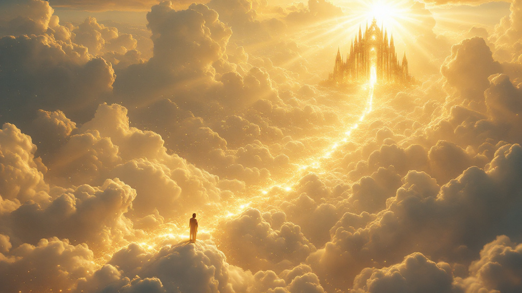 A glorious golden city of light rising above shining clouds as radiant rays of glory pour down from an opened sky