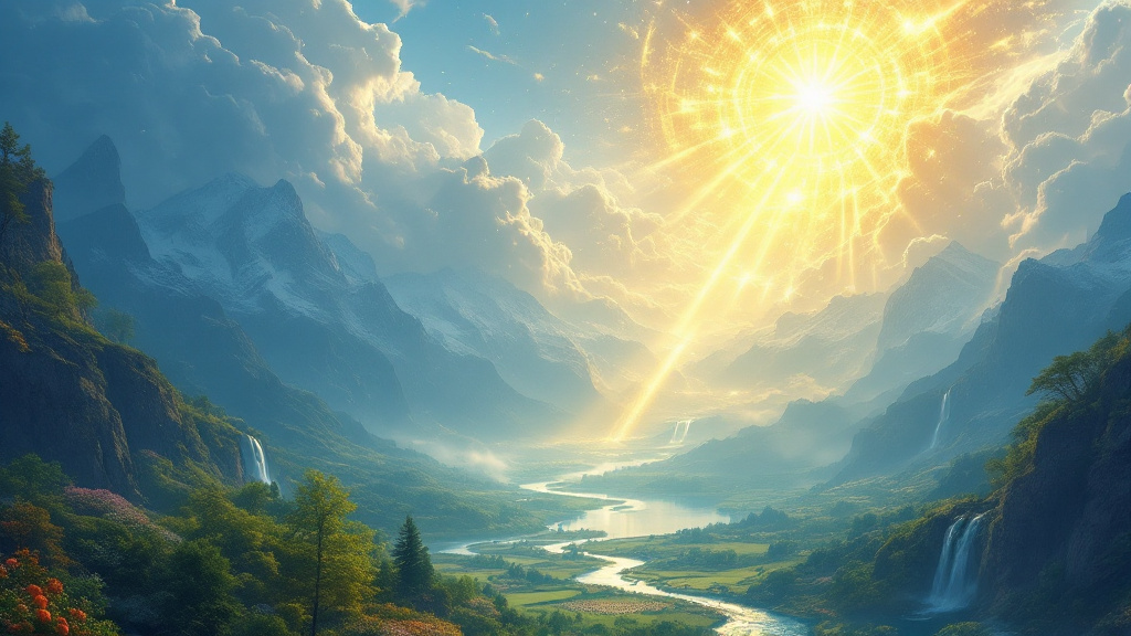 Radiant light pours from an opened sky as a shining golden city descends toward a renewed earth of mountains, a clear river, gardens and trees