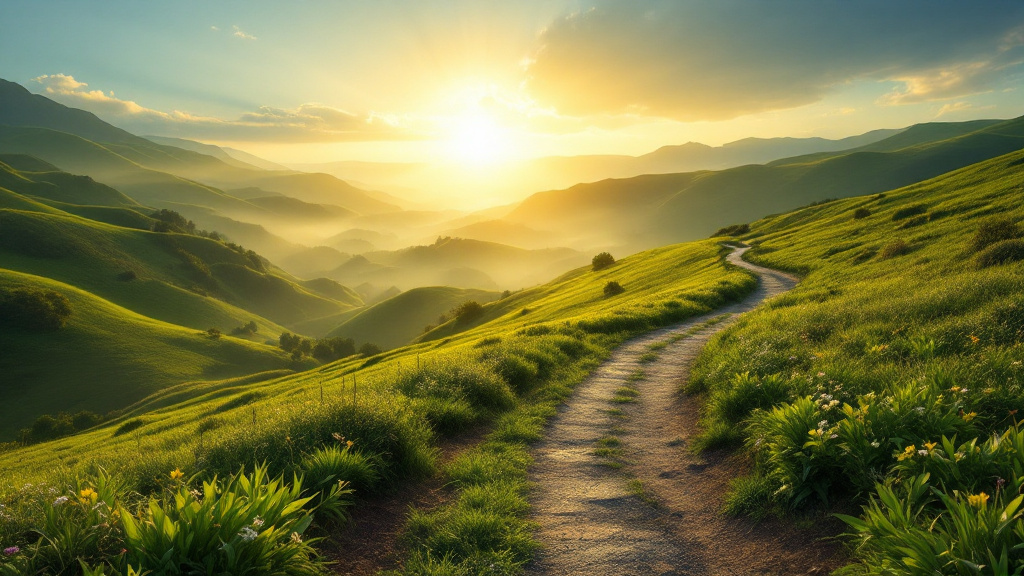 A sunlit path winding through green hills toward a glowing horizon