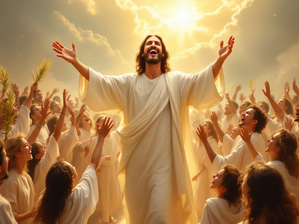 Jesus smiling with open arms at the center of a joyful crowd from every nation, singing, raising their hands and holding palm branches in golden heavenly light