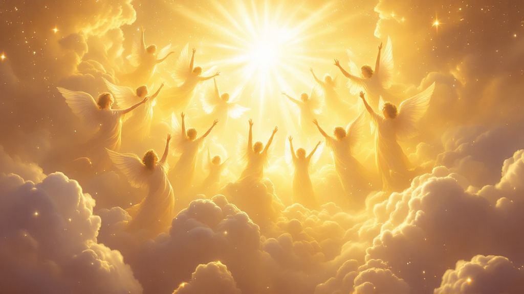 Angels with shining wings rejoicing in radiant golden light breaking through the clouds of heaven