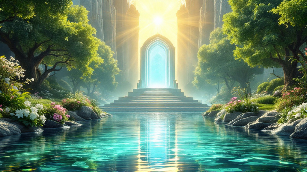 A majestic throne of white jasper, crystal and gold shines in the distance, ringed by a soft emerald rainbow and pouring white and golden light over the land. From its base flows a broad river as clear as crystal that widens toward the viewer, and trees of life heavy with bright fruit line both banks with branches arching over the water, among lush gardens, lilies and wildflowers