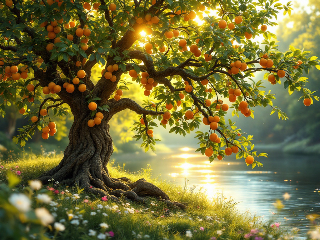 A majestic tree of life on a riverbank, its branches full of glowing ripe fruit and fresh green leaves in warm golden light